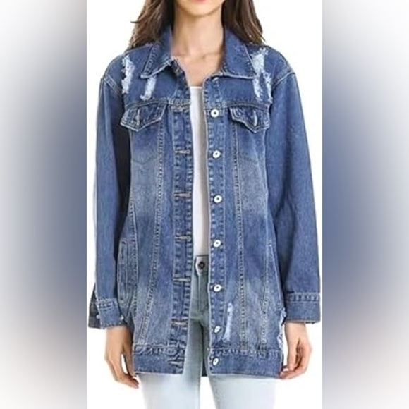 Blonde Boutique, size L, distressed Boyfriend long fitted denim jacket - Picture 1 of 8